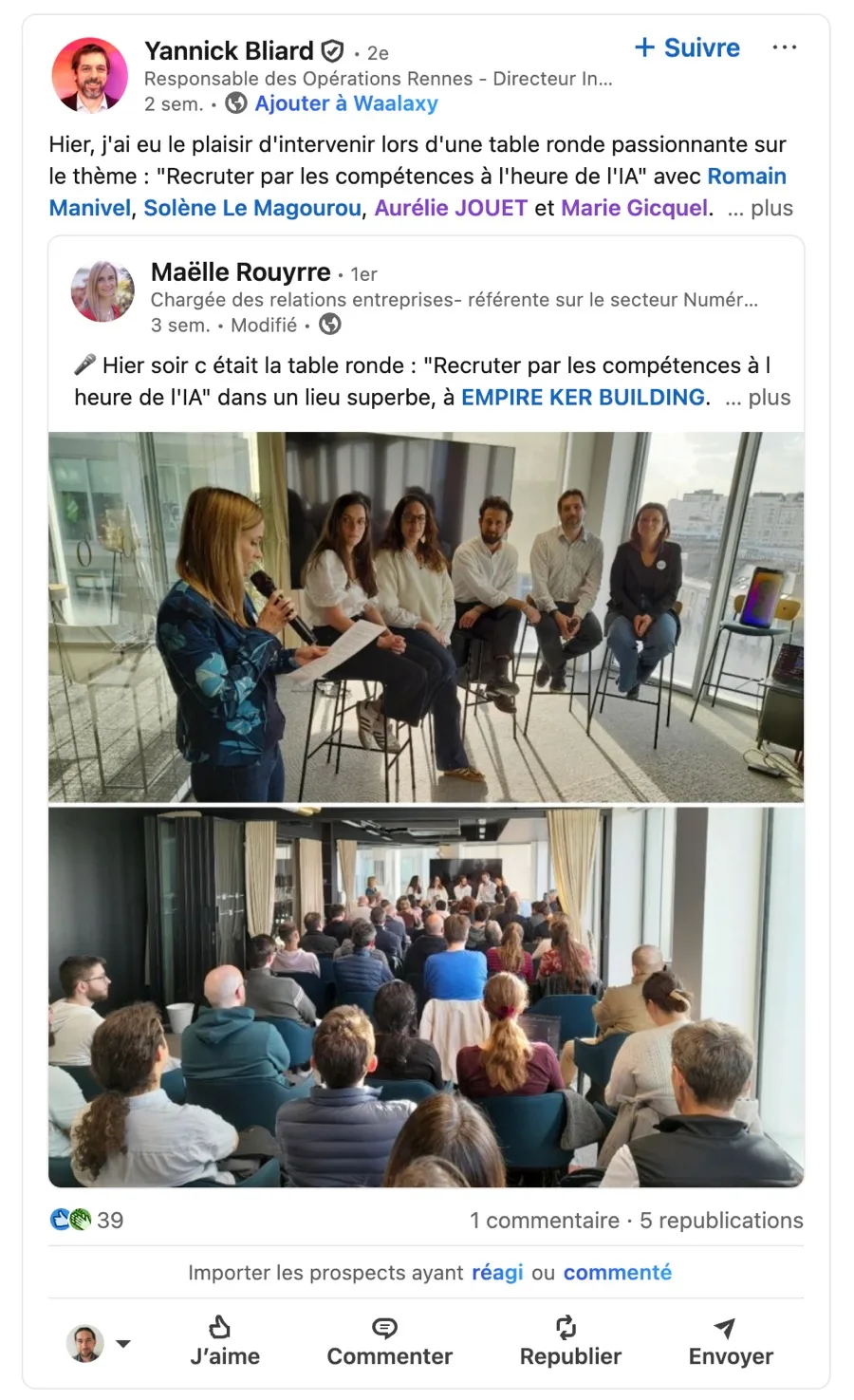 Publication de Yannick Bliard sur LinkedIn